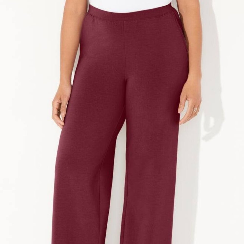 Catherines Burgundy Wide-leg Suprema Stretch Cotton Pants-4X-Petite Lgth-NWT